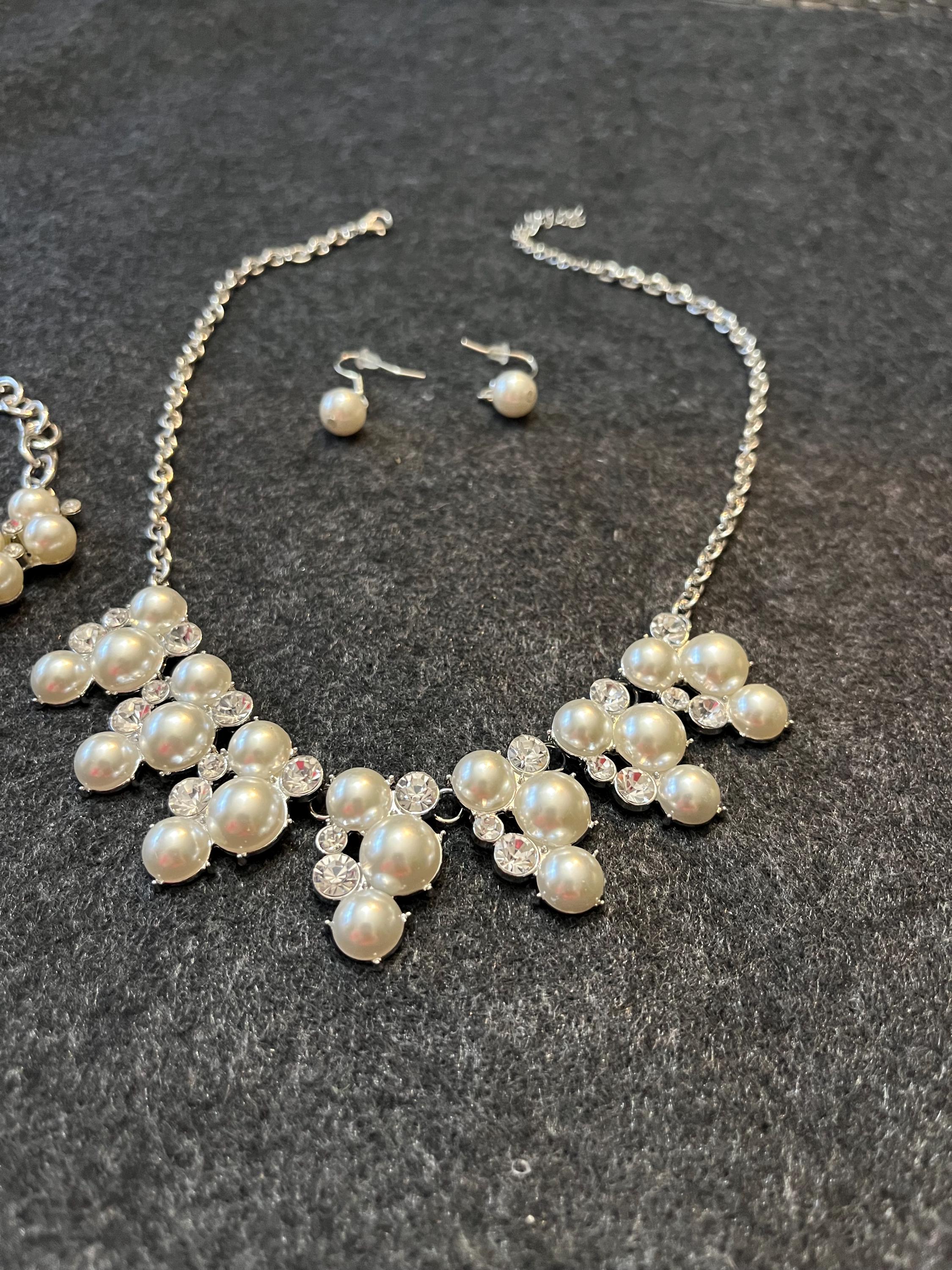 Pearl Bridal Jewelry Set, Necklace Earrings Bracelet, Rhinestone Accents, Silver Tone