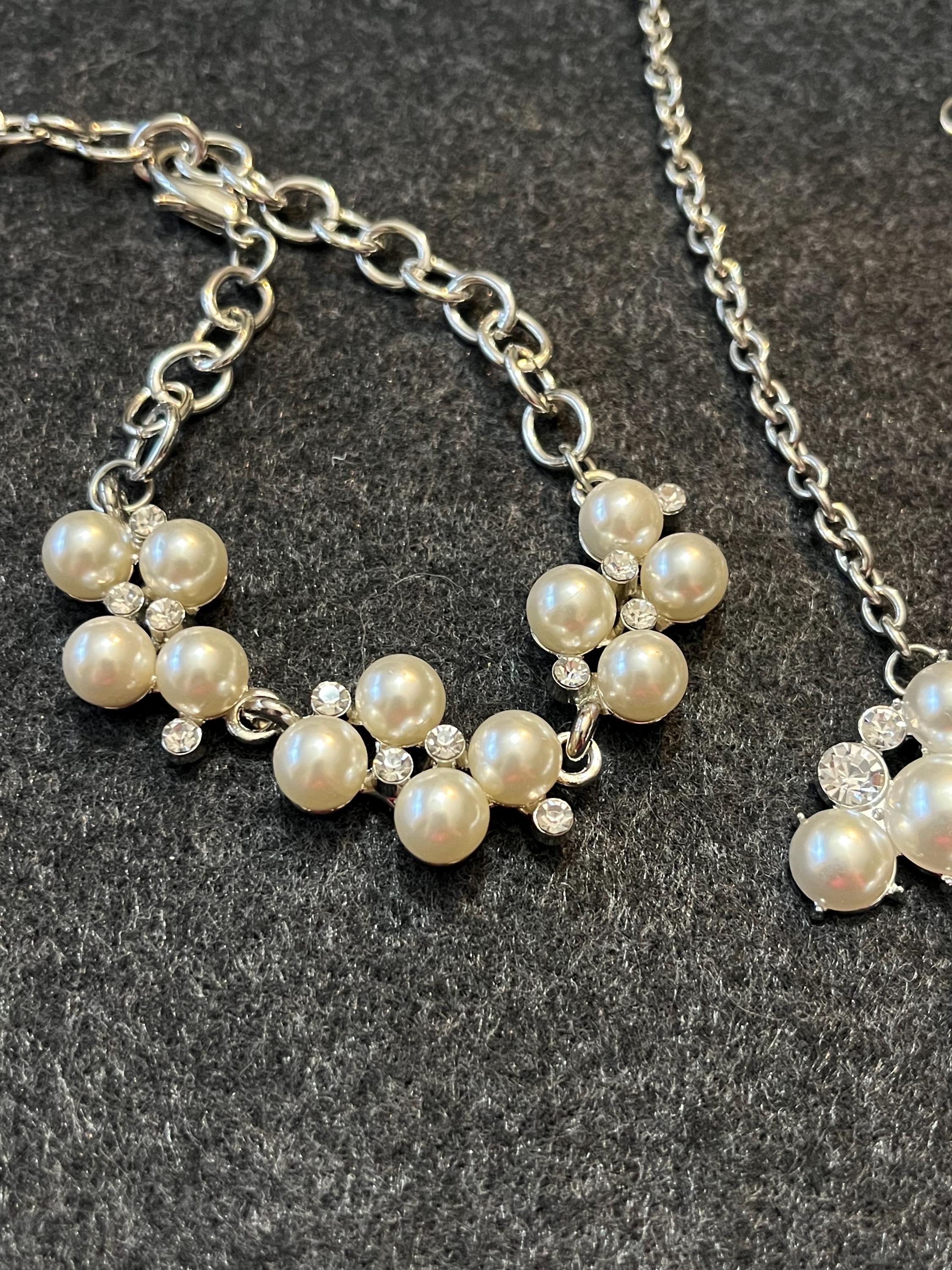 Pearl Bridal Jewelry Set, Necklace Earrings Bracelet, Rhinestone Accents, Silver Tone