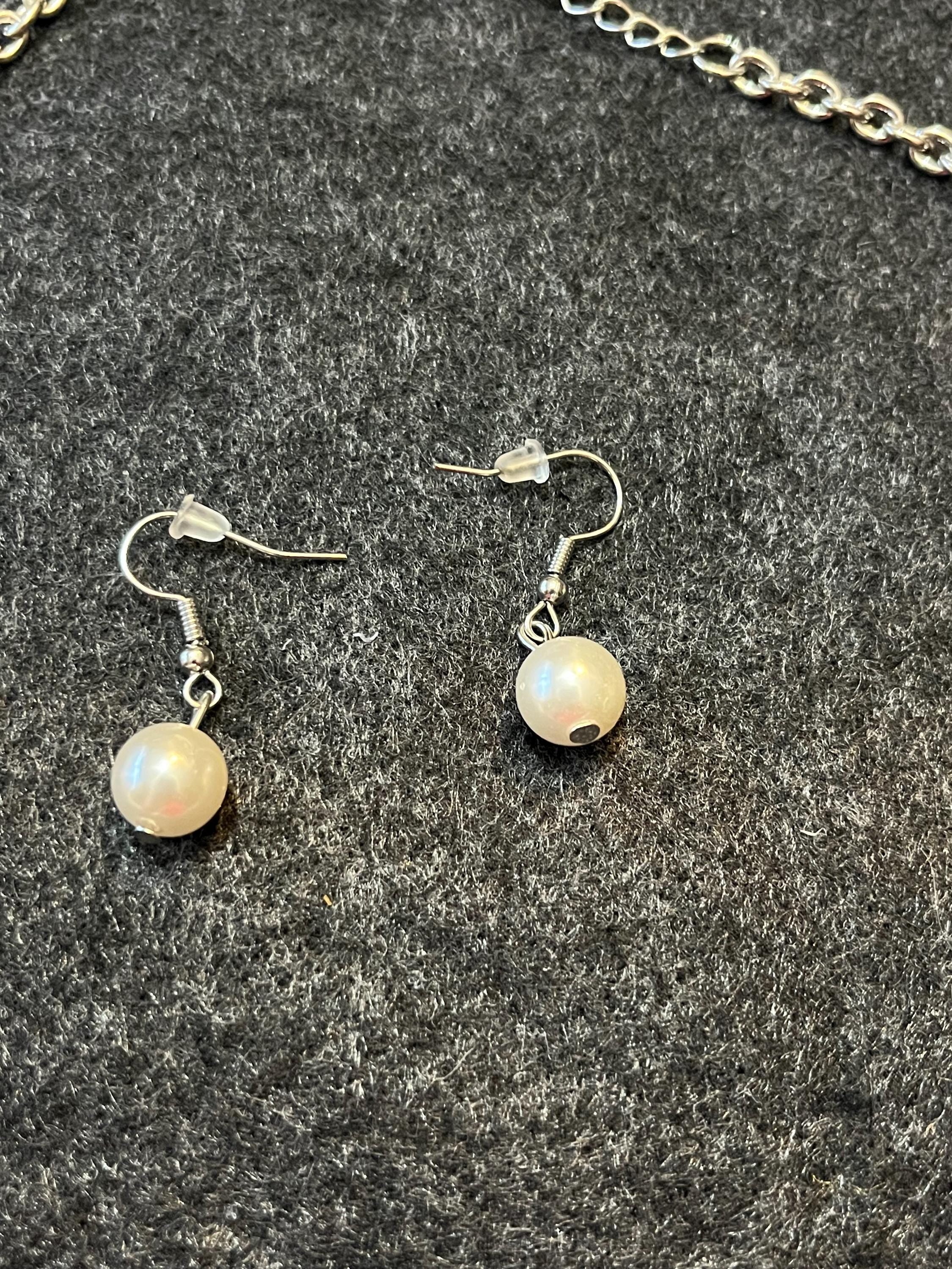 Pearl Bridal Jewelry Set, Necklace Earrings Bracelet, Rhinestone Accents, Silver Tone