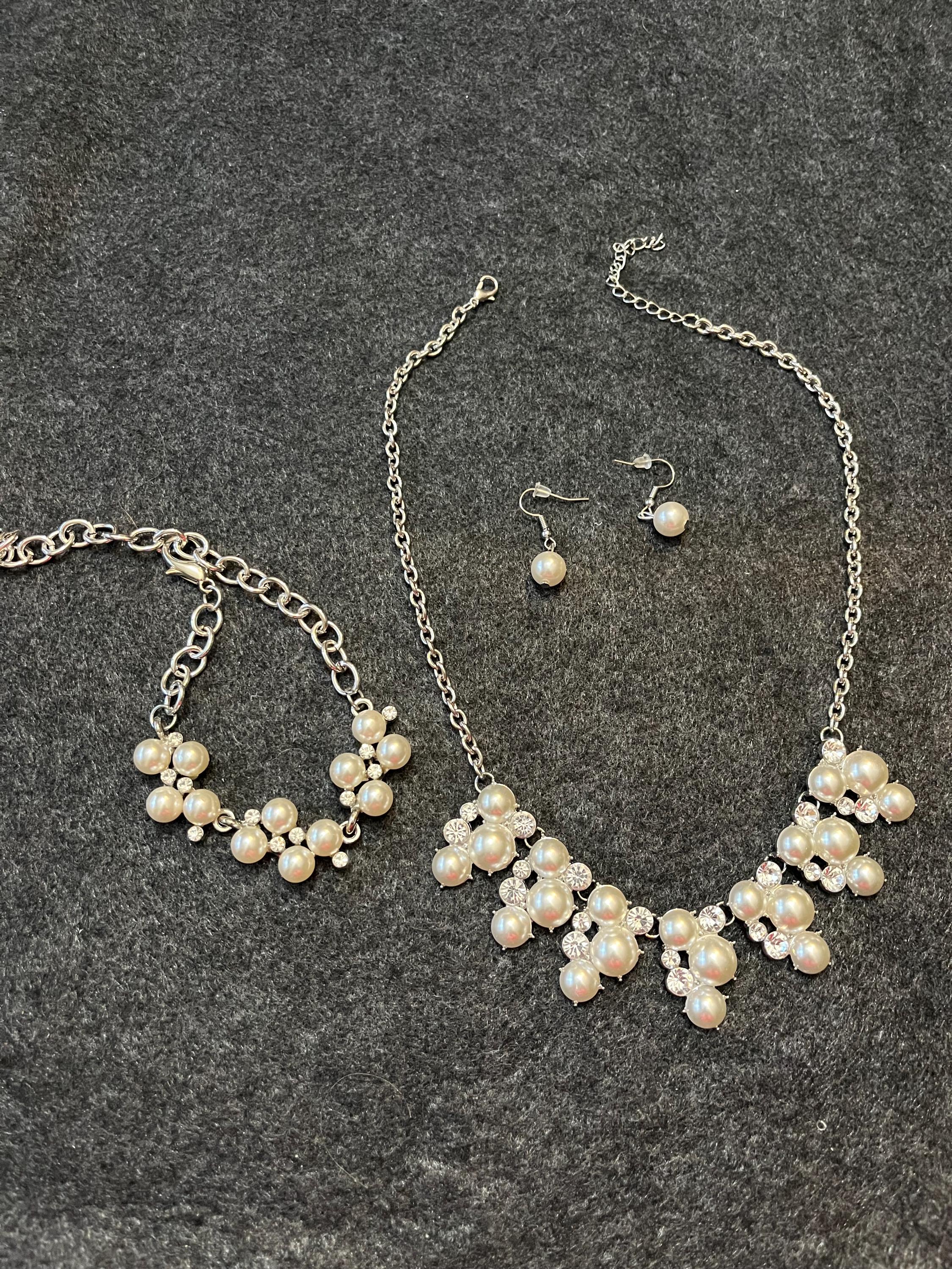 Pearl Bridal Jewelry Set, Necklace Earrings Bracelet, Rhinestone Accents, Silver Tone
