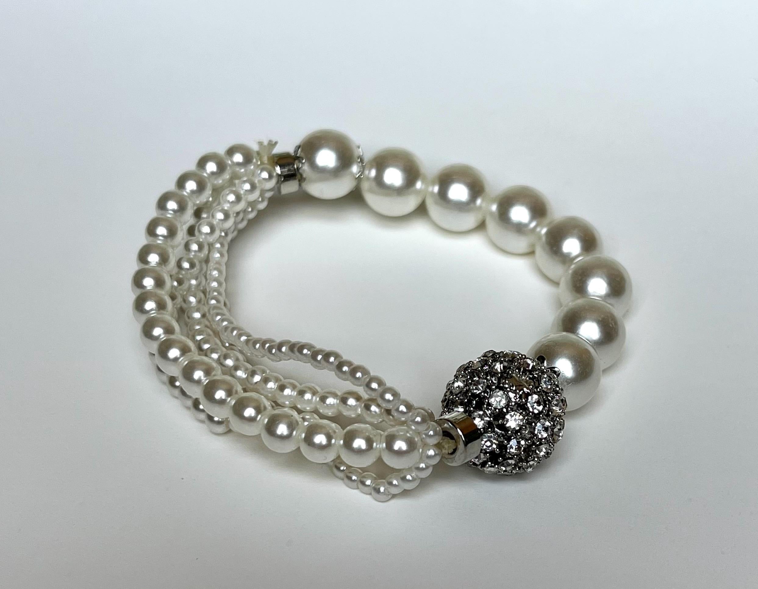 Pearl Statement Bracelet with Rhinestones | Bridal Pearl Bracelet | Vintage Glam Wedding Jewelry | Multi Strand Pearl Elegant Bracelet