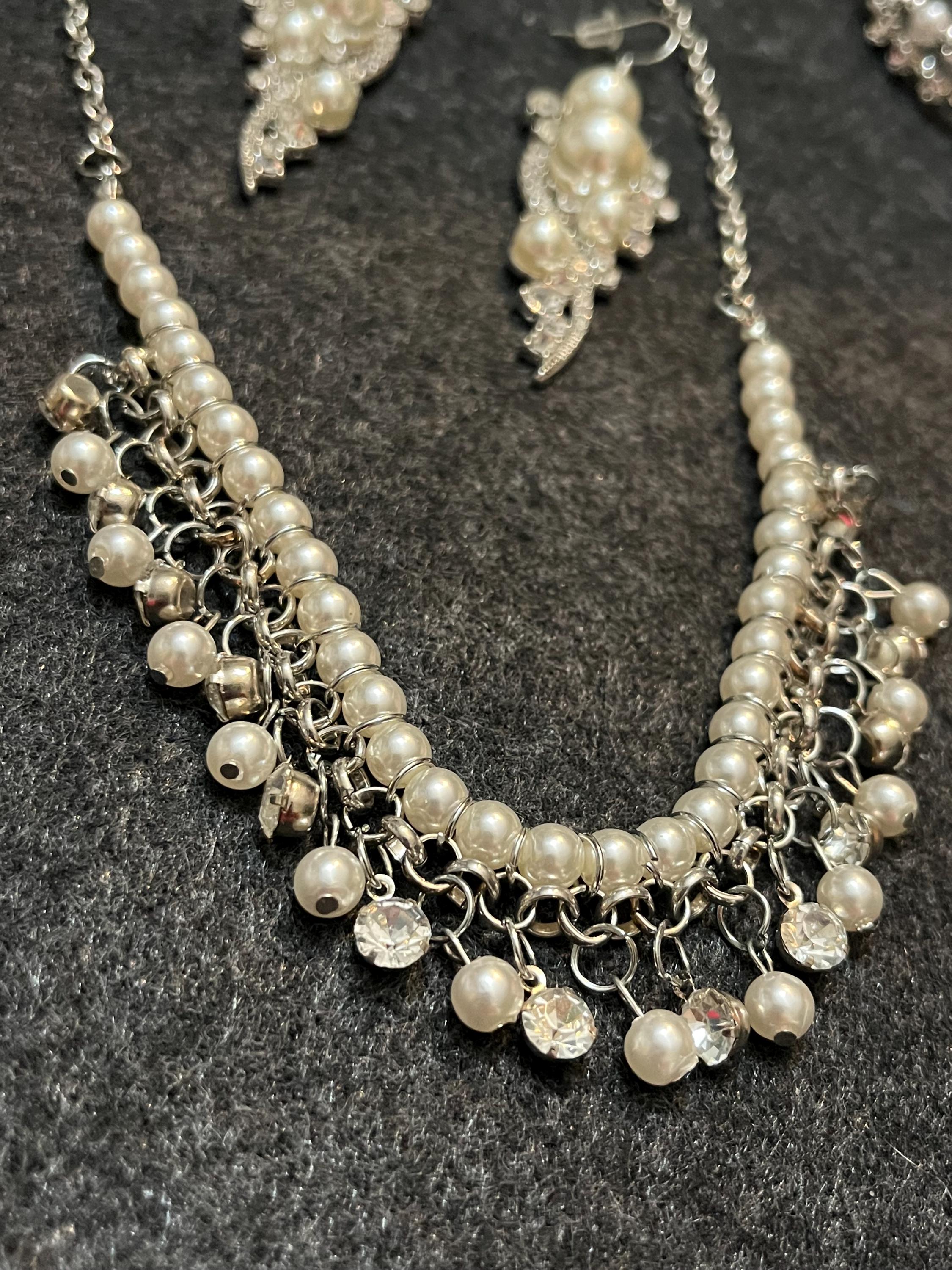 Pearl Bridal Jewelry Set, Necklace Earrings Bracelet, Rhinestone Elegant Wedding Accessory