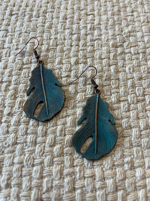 Aged Copper Leaf Drop Earrings, Teal Patina Boho Botanical Dangle Jewelry