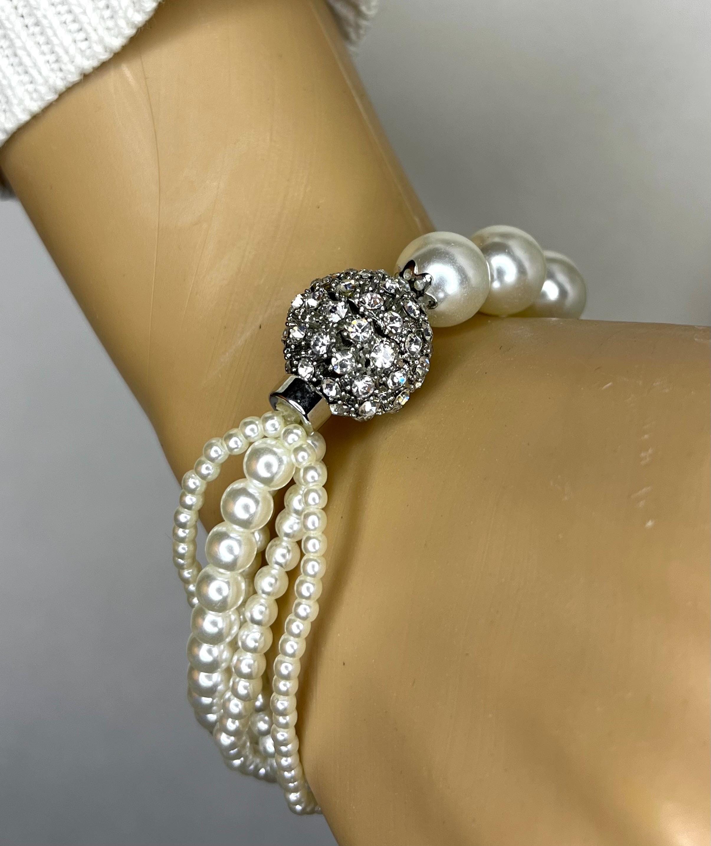 Pearl Statement Bracelet with Rhinestones | Bridal Pearl Bracelet | Vintage Glam Wedding Jewelry | Multi Strand Pearl Elegant Bracelet