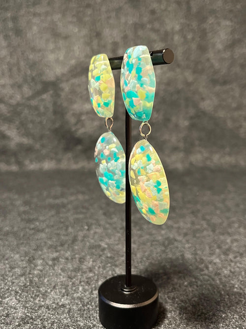Abstract Terrazzo Resin Drop Earrings | 3” Lightweight Green Confetti Statement Earrings