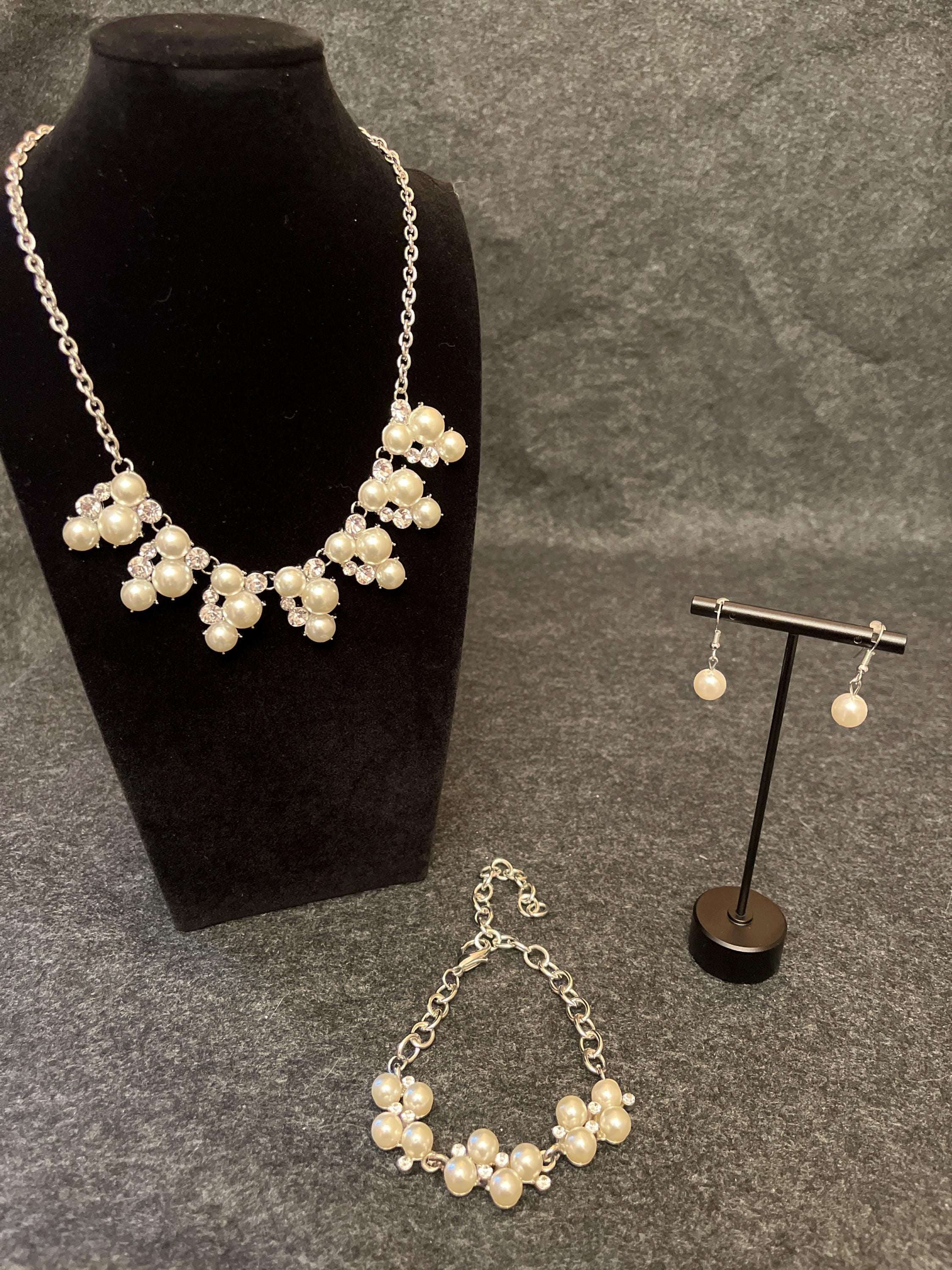 Pearl Bridal Jewelry Set, Necklace Earrings Bracelet, Rhinestone Accents, Silver Tone